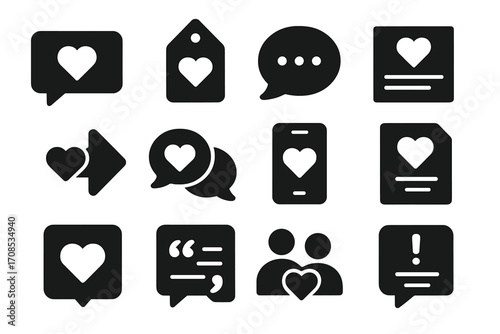 Romantic Message Icons. Solid style icons of romantic messages: love you text, be mine tag, miss you bubble, happy valentine’s