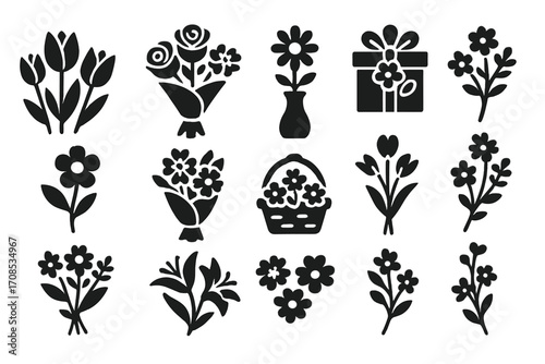 Mother's Day Flower Icons. Solid style icons of Mother’s Day flowers: tulip bunch, rose bouquet, daisy in vase, mixed floral gift,