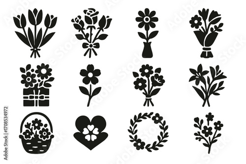 Mother's Day Flower Icons. Solid style icons of Mother’s Day flowers: tulip bunch, rose bouquet, daisy in vase, mixed floral gift,