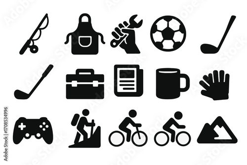 Dad Hobby Icons. Solid style icons of dad hobbies and activities: fishing rod, grilling apron, wrench in hand, soccer ball, golf