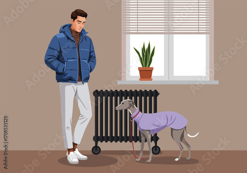 A man in a blue jacket stands with his dog by a radiator and window, creating a cozy indoor scene, highlighting companionship and domestic life