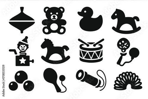 Classic Toy Icons. Solid style icons of classic toys: spinning top, teddy bear, rubber duck, jack-in-the-box, wooden horse, toy
