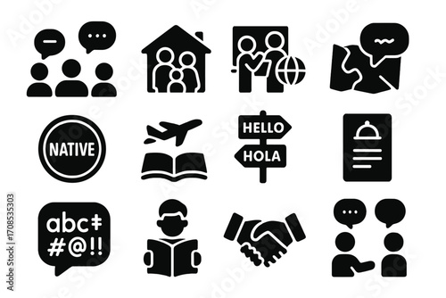 Language Immersion Icons. Solid style icons of language immersion: group of people talking, host family, classroom abroad, map