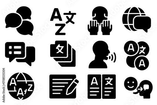 Multilingual Communication Icons. Solid style icons of multilingual communication: three speech bubbles, mixed alphabet text,