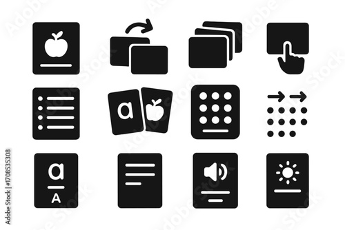 Flashcard Icon Set. Solid style icons of flashcards and vocabulary: card with word and image, flip icon, stack of cards, swipe