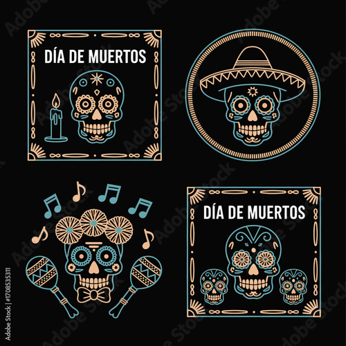Vintage badge pack, Dia de Muertos labels, chalkboard texture, skull with hat, music notes, retro square vector collection