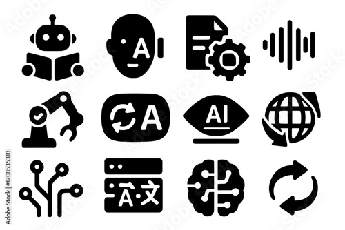 Automatic Translation Icons. Solid style icons of automatic and machine translation: robot with book, AI face and text, gear with