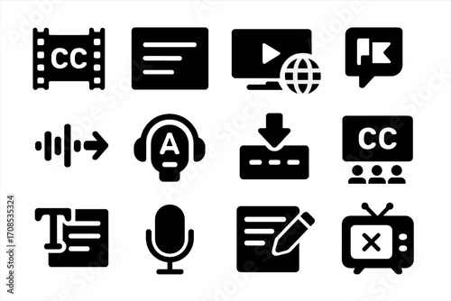 Media Translation Icons. Solid style icons of subtitle and media translation: film strip with CC, screen with subtitles, video