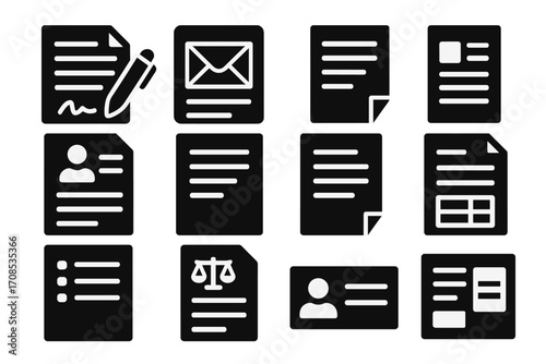Business Document Icons. Solid style icons of business and formal writing: contract with pen, email draft, formal letter, cover