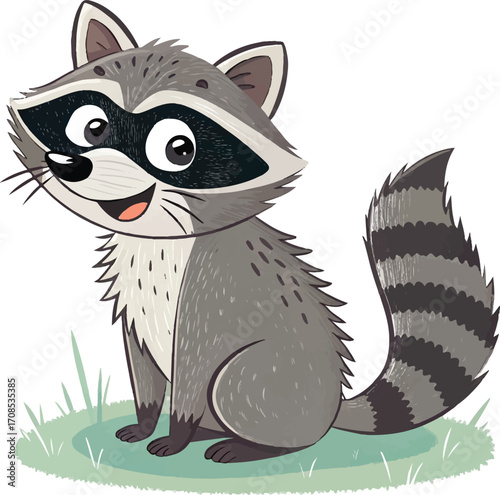 Happy Cartoon Raccoon Sitting on Grass