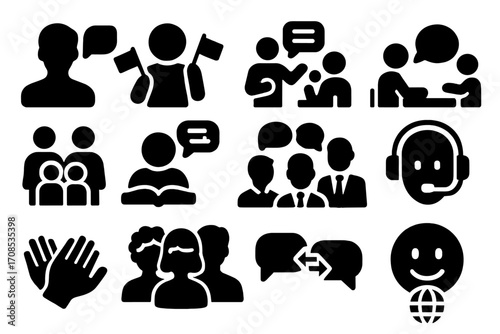 Bilingual Icon Set. Solid style icons of bilingual and multilingual people: translator profile, person with flags, community