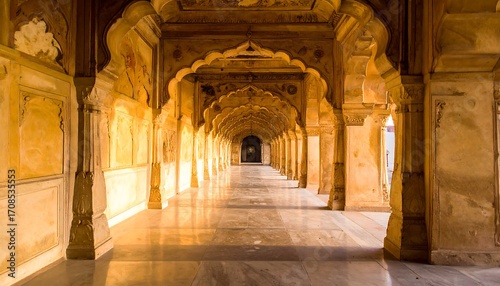 Ancient arched hallway, sunlit stone