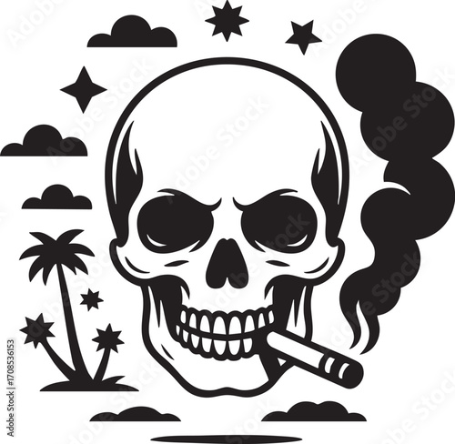 Vintage Smoking Skull with Palm Trees and Stars Vector Graphic

