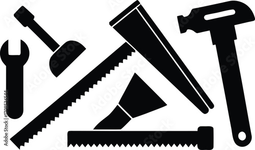 Carpenter tools vector icons set saw chisel wood plank wrench hammer scalable eps