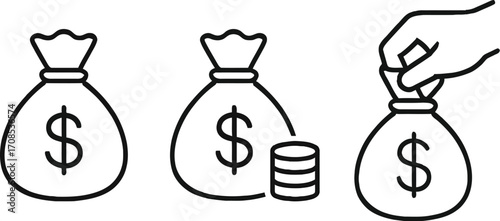 Money Bag and Coin Vector Set Featuring Saving, Wealth, and Budgeting Concepts for Finance, Economy, and Investment Themes