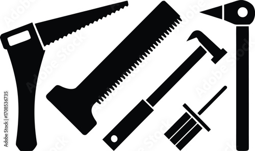Vector set of carpenter tools illustration including saws chisels hammer wood plank eps