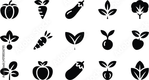 Simple, clean icons representing fresh vegetables and growing plants for healthy eating and agriculture concepts.