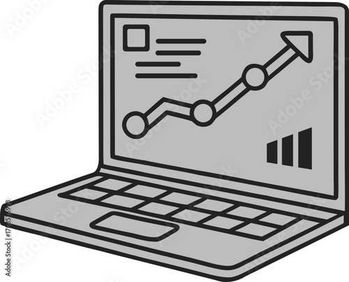 Laptop displaying a rising graph and data analytics on screen