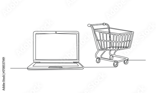 Single line drawing of laptop and shopping cart for online shopping and e commerce