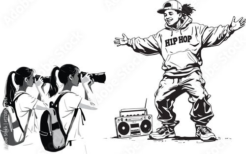Hip-Hop Performer and Observers Vector Featuring Street Dance, Boombox, and Cameras for Urban Culture and Youth Themes