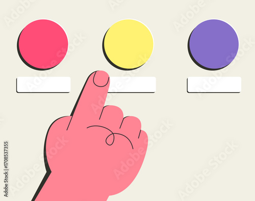Hand with tree color buttons and blank tag for message. Concept of choosing, selection, choice, pressing button, activating, consideration. Flat vector illustration.