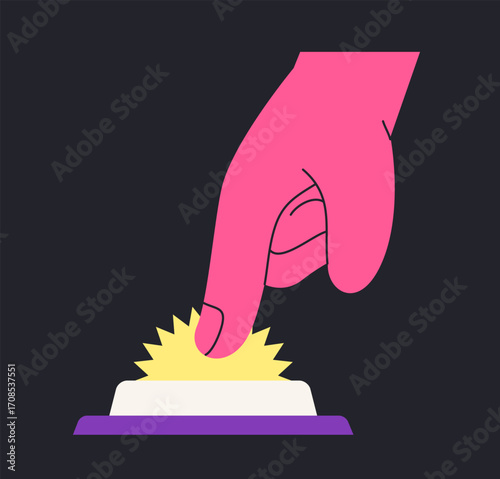 Finger pressing on button isolated on dark background. Concept of selection, approving, activating, turning on. Pushing button. Flat vector illustration.