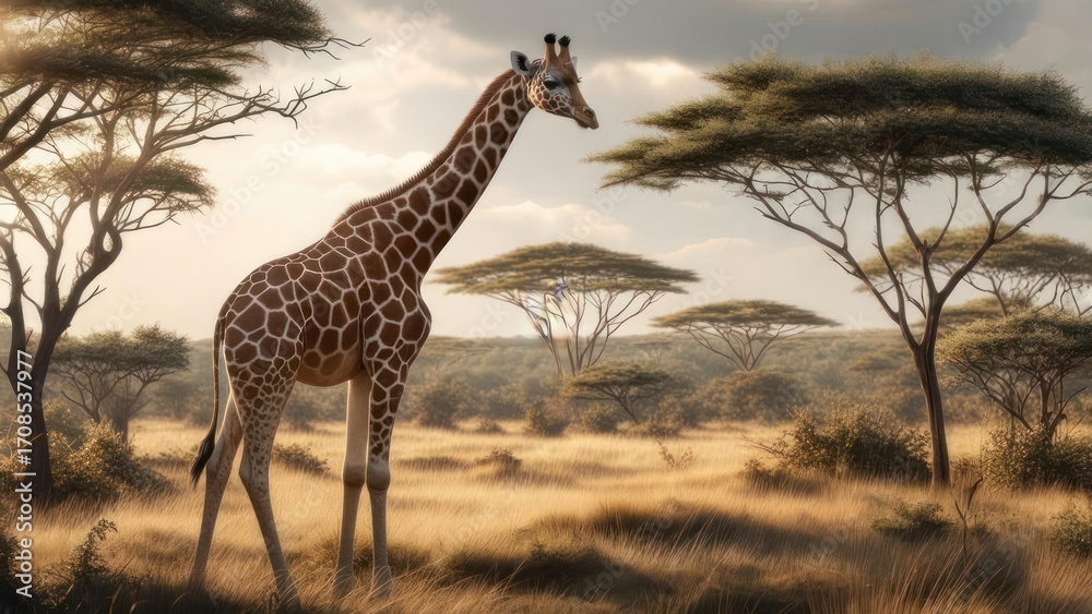 Obraz premium Giraffe in African savanna at sunrise