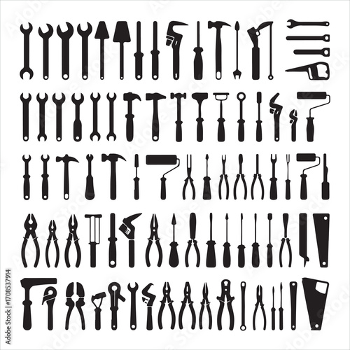 Collection of black silhouettes of people and tools like a hammer, screwdriver, and saw in vector illustration design