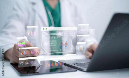 Doctor using laptop and tablet with futuristic digital medical dashboard, AI analytics, health data visualization and innovation technology concept for modern healthcare and telemedicine services