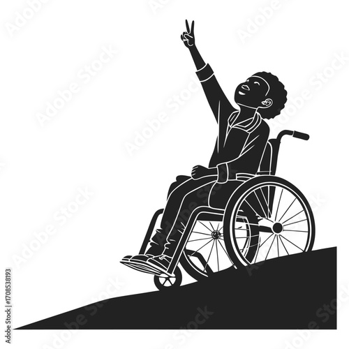 Print Black silhouette of a smiling child in a wheelchair raising one arm with a Victory sign symbolizing strength and resilience