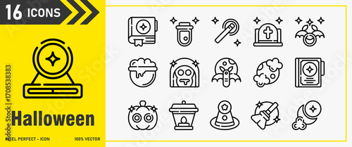 Halloween icon set. Editable Stroke Icon Collection. scary, flask, magic wand, tombstone, ghost . Outline icons, icon interface, icon pack, vector collection.