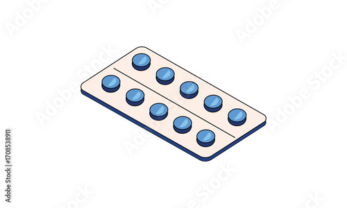 Isometric view of a blue pill blister pack for medication and healthcare
