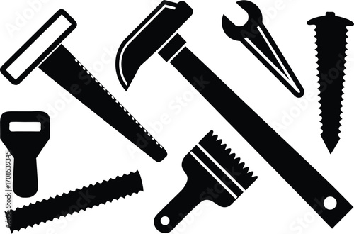 Carpenter tools vector set saw chisel wood plank hammer wrench icons eps