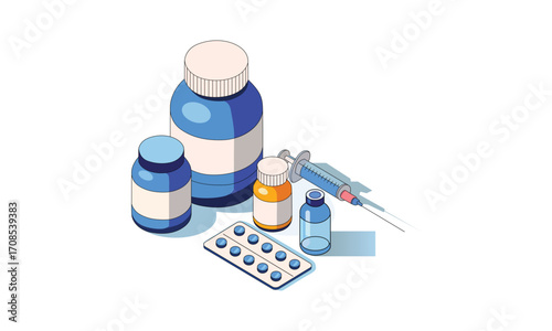Isometric illustration of medicine bottles pills and syringe on white background