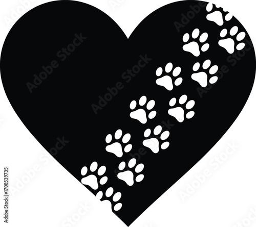 Black heart vector illustration with diagonal white paw prints symbolizing love for pets, animal care, rescue, adoption, and veterinary compassion