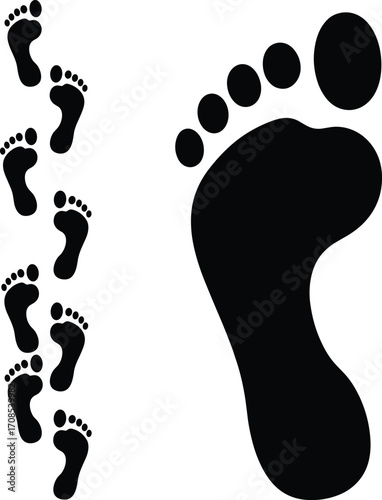 Black silhouette footprints collection with small and large foot shapes, isolated on white background, human steps, shoe print, walking pattern design