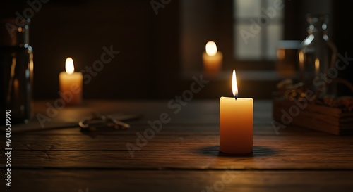 Burning candles on wooden table
