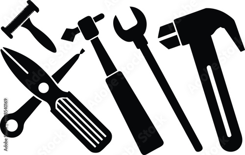 Set of essential construction worker tools hammer drill pliers wrench vector illustration