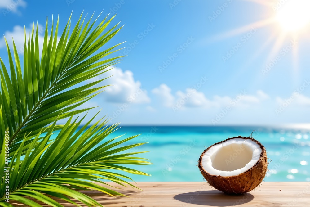 Obraz premium Tropical scene with a halved coconut and palm leaves on the right, ample empty space on the left for copy, vibrant and sunny vibe, optimized for.