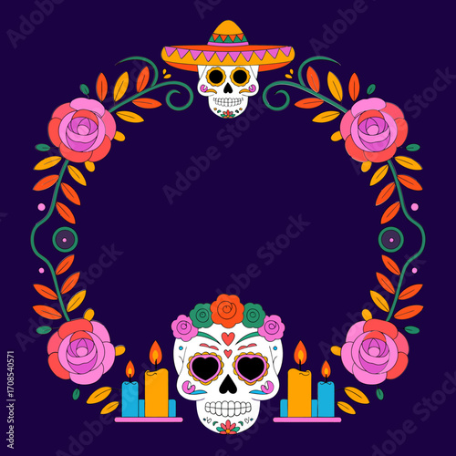 Rose wreath frame, Dia de Muertos layout, skull with mustache and sombrero, candle altar base, decorative purple vector