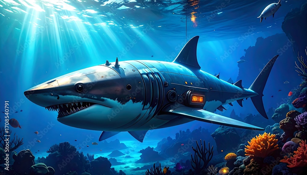 custom made wallpaper toronto digitalCyborg Great White Shark Underwater: Futuristic Marine Life
