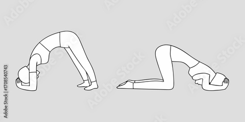 Line art illustrations of yoga poses showing flexibility and stretching for wellness and fitness