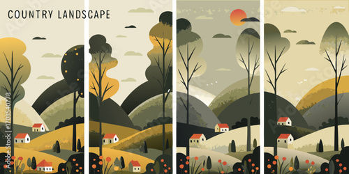 Stylized countryside landscape with rolling hills trees and houses in a vertical panel format