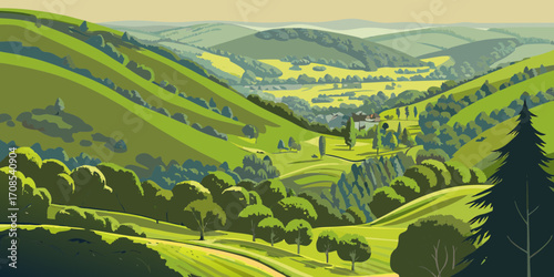 Idyllic green rolling hills and valleys with a small village nestled in the landscape
