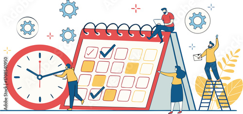 Team planning and scheduling with calendar and clock illustration