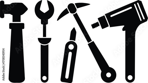 Collection of construction worker tools hammer drill wrench and pickaxe vector illustration