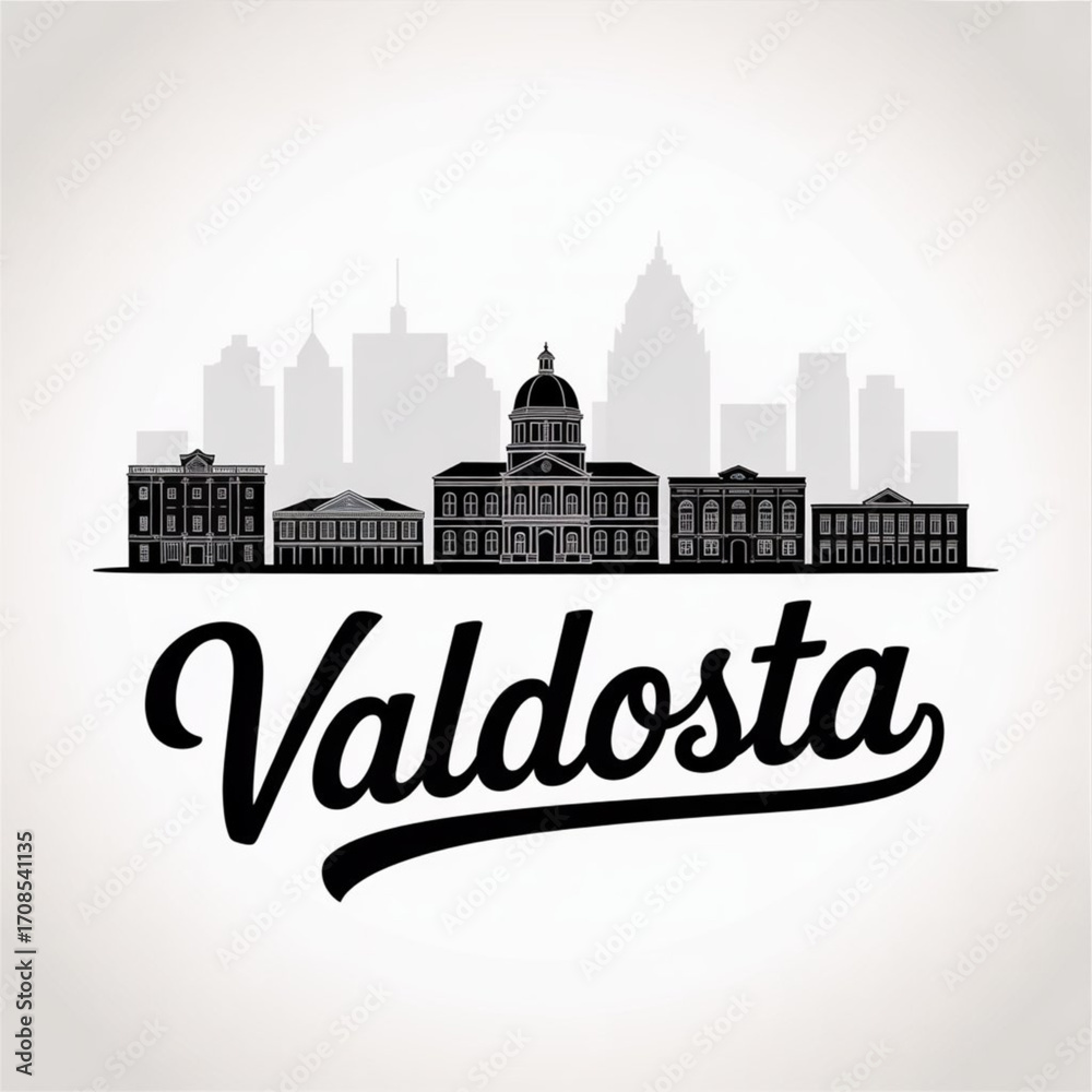 Fototapeta premium Valdosta Skyline Silhouette — A Historic Educational and Cultural City in South Georgia Vector Illustration