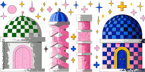 Whimsical fantasy buildings with checkered domes and playful decorations on a white background
