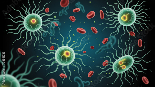 Bacteria cells infection and red blood cells microscopic view science medical healthcare illustration, art 3d 100