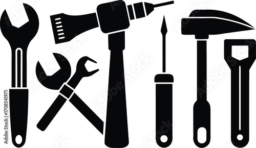 Set of construction worker tools hammer drill wrenches screwdriver scalable vector illustration